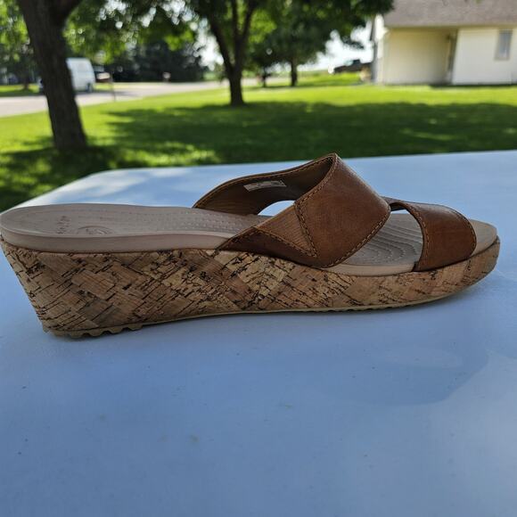 Crocs A-Leigh Brown Leather Cork Wedge Slide Platform Sandals Women’s 9 # 16205 - Picture 8 of 12
